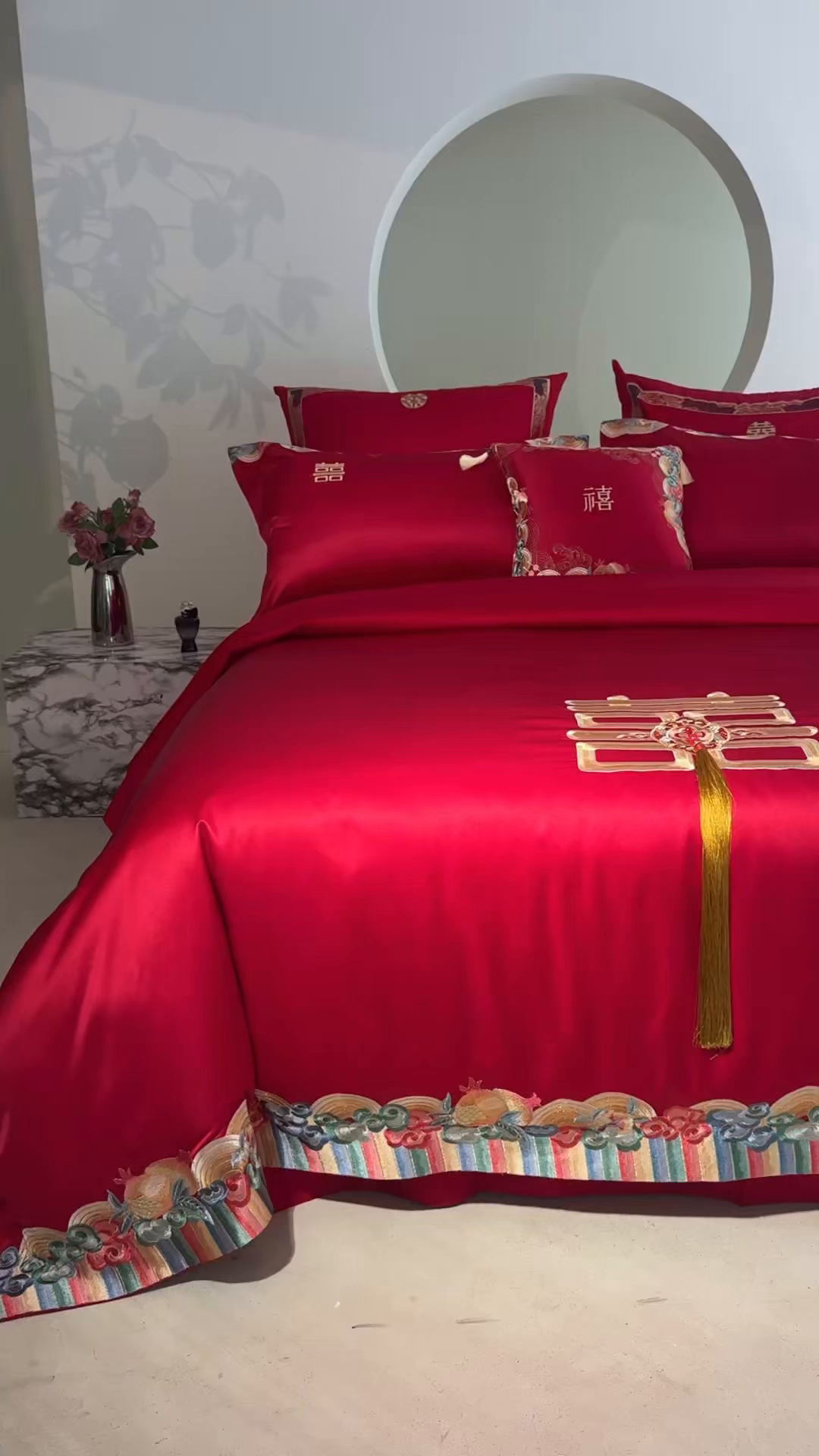 91家纺网 家纺一手货源 找家纺 （总）佳汐蓝家纺 2025新款100支全棉刺绣婚庆四件套-喜传祥瑞