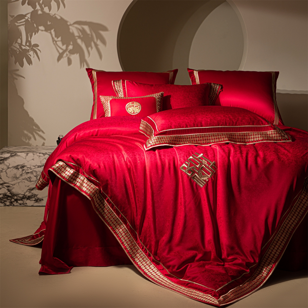 91家纺网 家纺一手货源 找家纺 （总）佳汐蓝家纺 2025新款100支全棉刺绣婚庆四件套-喜书