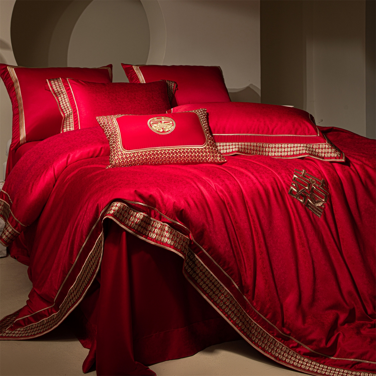 91家纺网 家纺一手货源 找家纺 （总）佳汐蓝家纺 2025新款100支全棉刺绣婚庆四件套-喜书