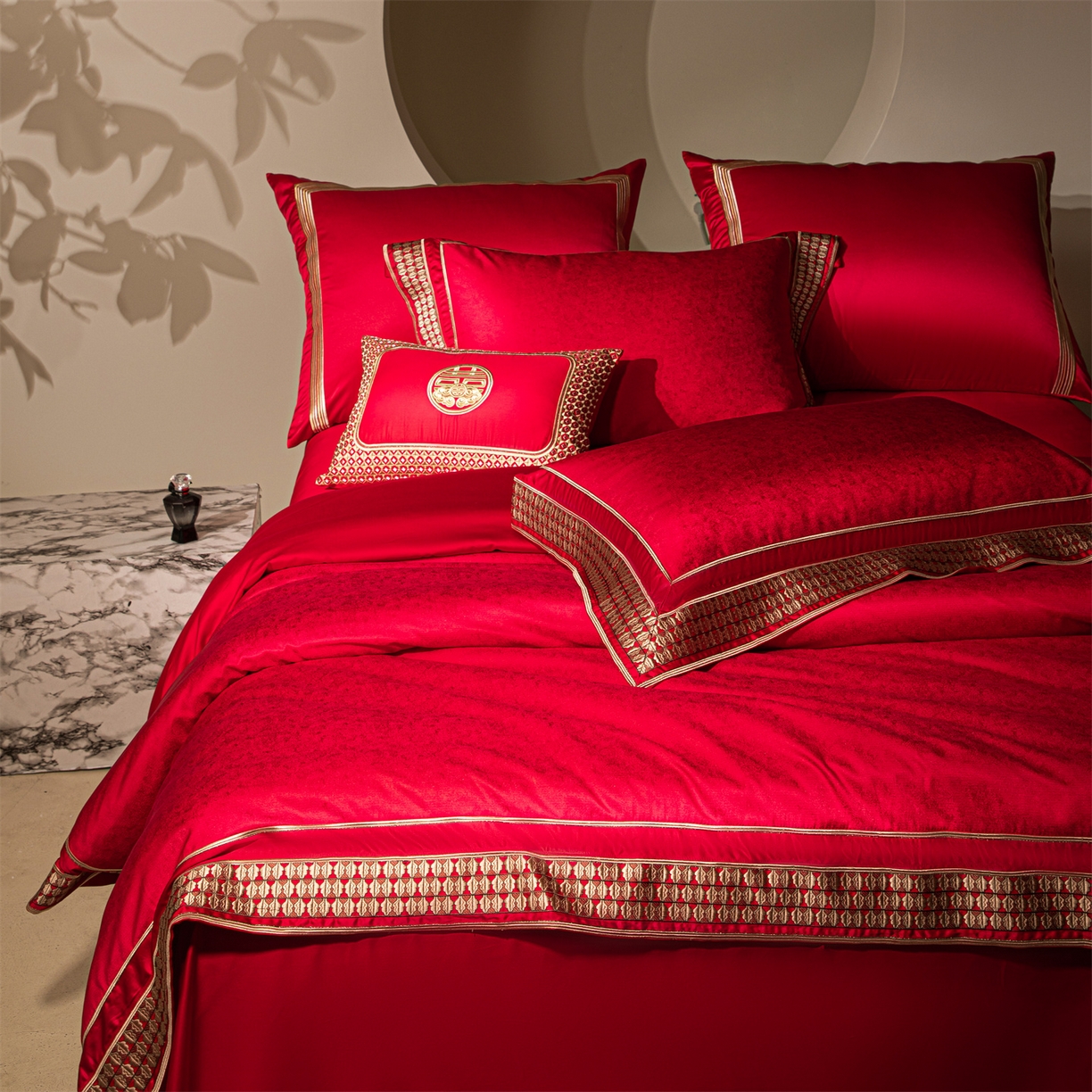 91家纺网 家纺一手货源 找家纺 （总）佳汐蓝家纺 2025新款100支全棉刺绣婚庆四件套-喜书