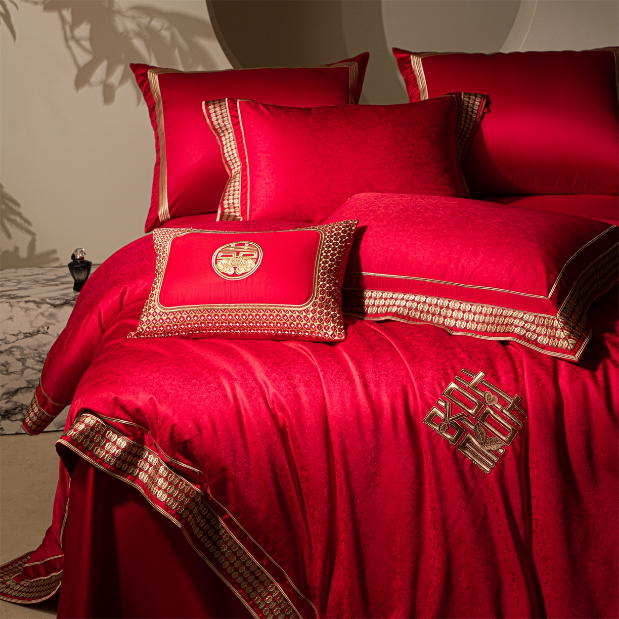 91家纺网 家纺一手货源 找家纺 （总）佳汐蓝家纺 2025新款100支全棉刺绣婚庆四件套-喜书