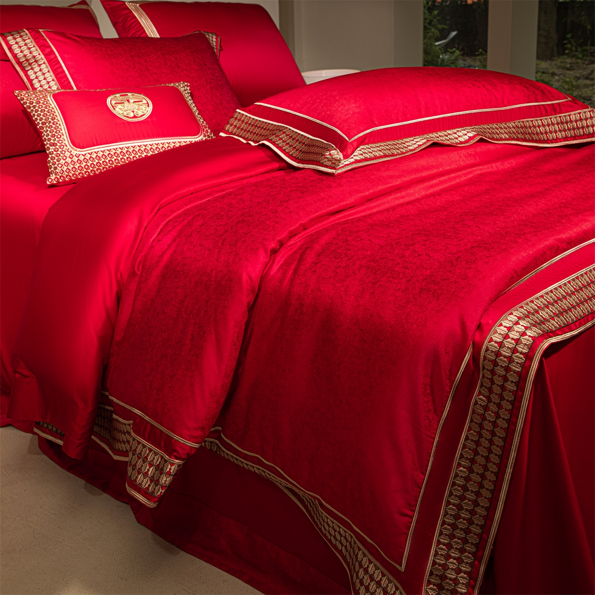 91家纺网 家纺一手货源 找家纺 （总）佳汐蓝家纺 2025新款100支全棉刺绣婚庆四件套-喜书