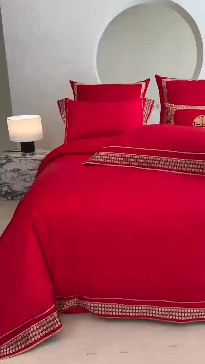 91家纺网 家纺一手货源 找家纺 （总）佳汐蓝家纺 2025新款100支全棉刺绣婚庆四件套-喜书