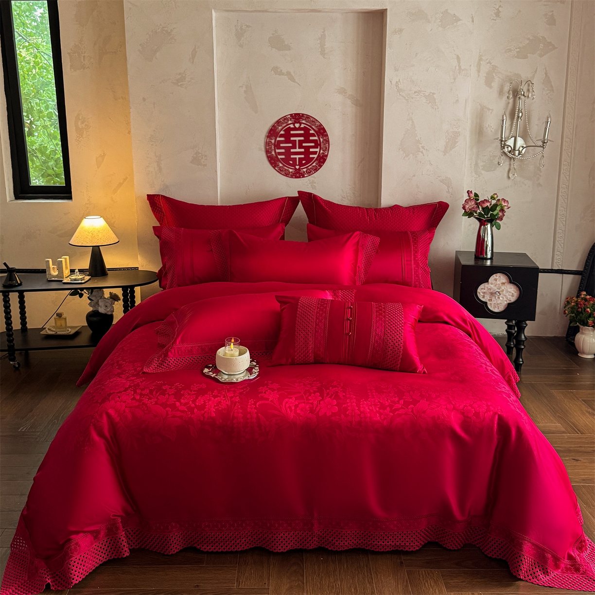 （总）佳汐蓝家纺 2025新款100支贡缎提花全棉刺绣婚庆四件套-繁花佩影