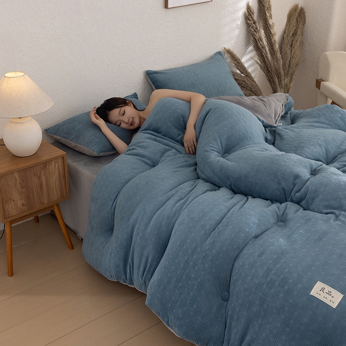 91家纺网 家纺一手货源 找家纺 牛魔王家居 2025新款高克重牛奶绒提花冬被被子被芯 格纹蓝色