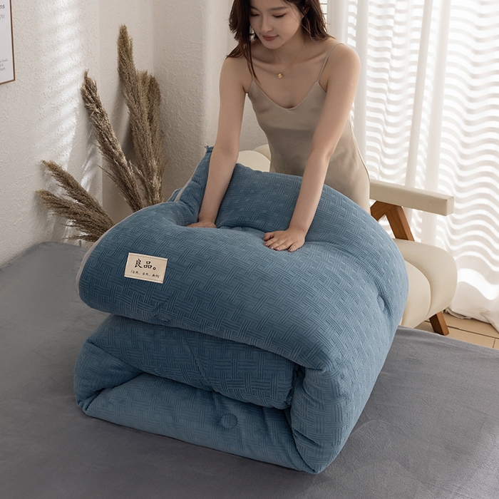 91家纺网 家纺一手货源 找家纺 牛魔王家居 2025新款高克重牛奶绒提花冬被被子被芯 格纹蓝色