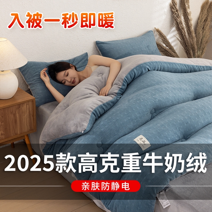 91家纺网 家纺一手货源 找家纺 牛魔王家居 2025新款高克重牛奶绒提花冬被被子被芯 格纹蓝色