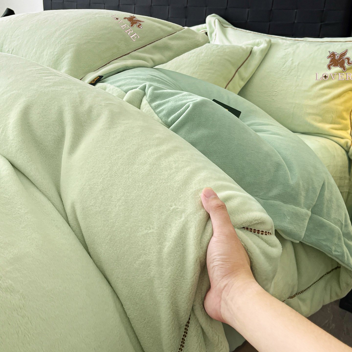 91家纺网 家纺一手货源 找家纺 库里梦家纺 2025网红直播热款230克全消光工艺绣花牛奶绒四件套 飞马-薄荷绿