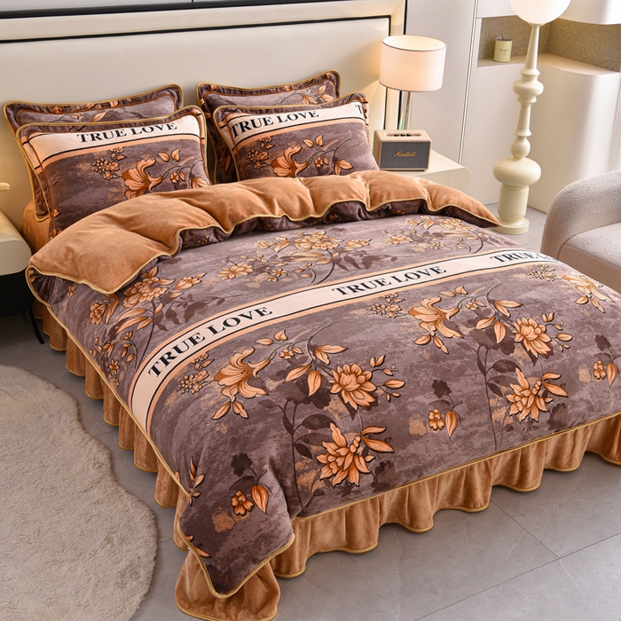 91家纺网 家纺一手货源 找家纺 绒宴 2025新款8.5斤牛奶绒金貂法莱绒床裙款保暖四件套 绮梦园,绮梦园