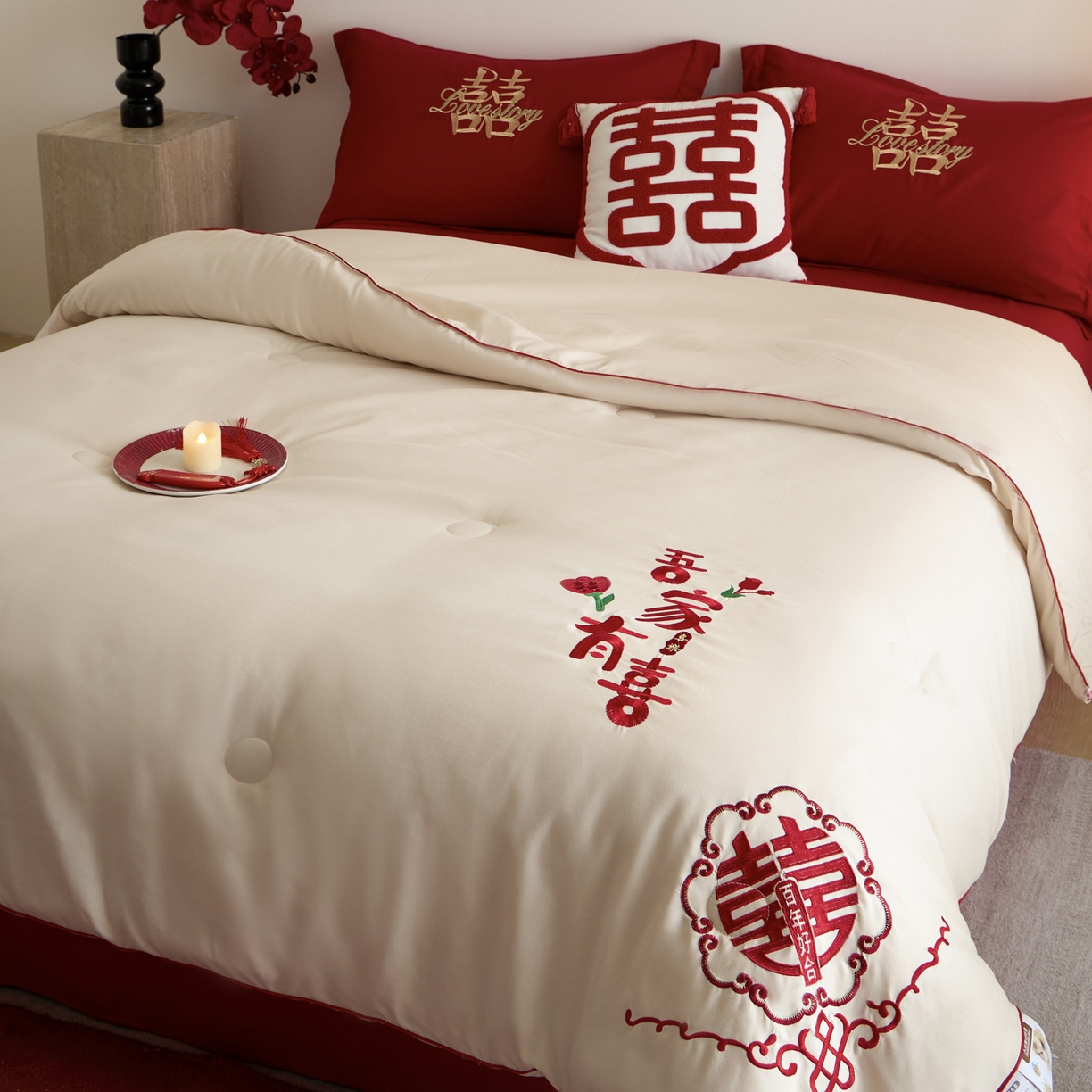 91家纺网 家纺一手货源 找家纺 玉雅家纺 2025新款时尚大豆纤维结婚被婚庆被子被芯 婚庆被-迎喜