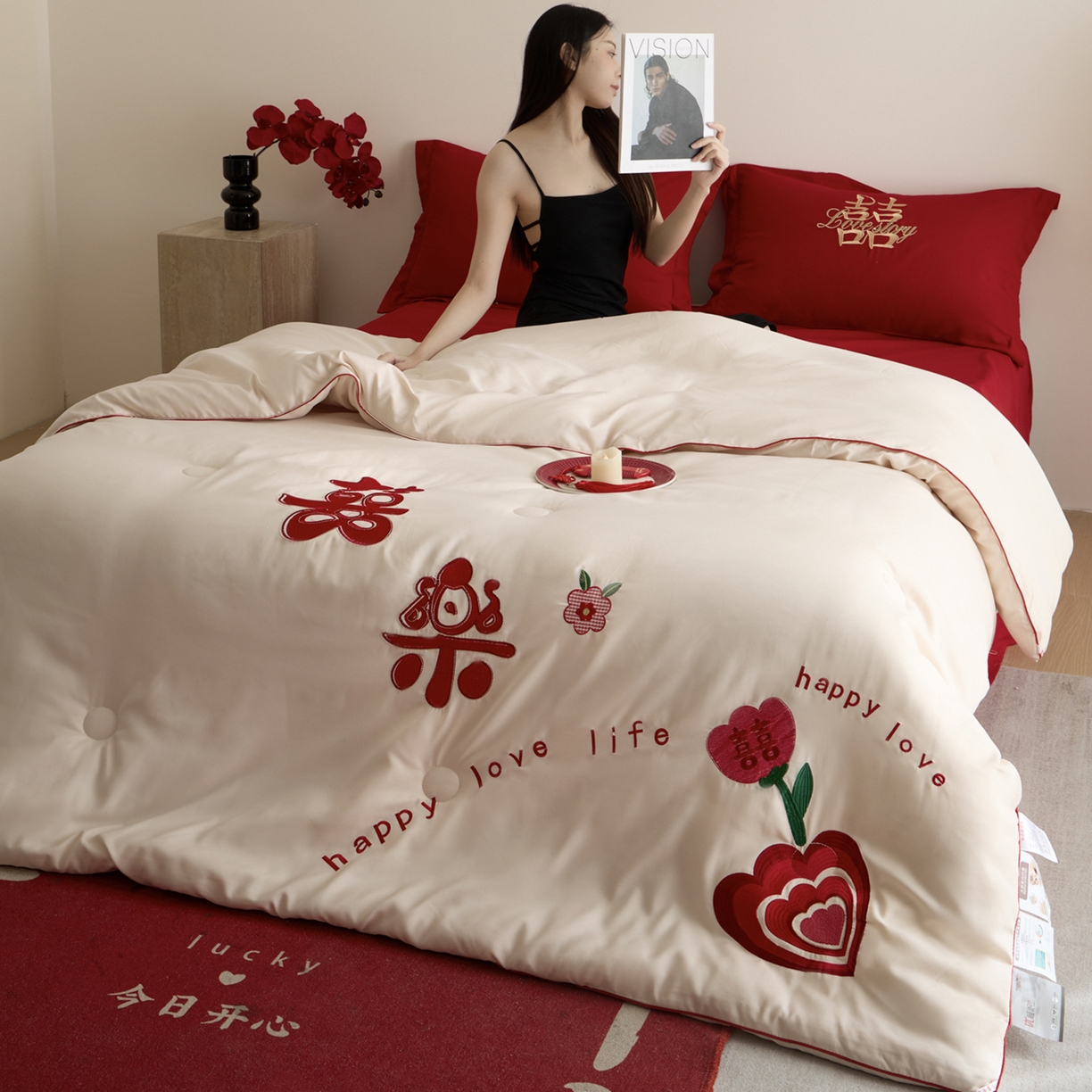 91家纺网 家纺一手货源 找家纺 玉雅家纺 2025新款时尚大豆纤维结婚被婚庆被子被芯 婚庆被-喜乐