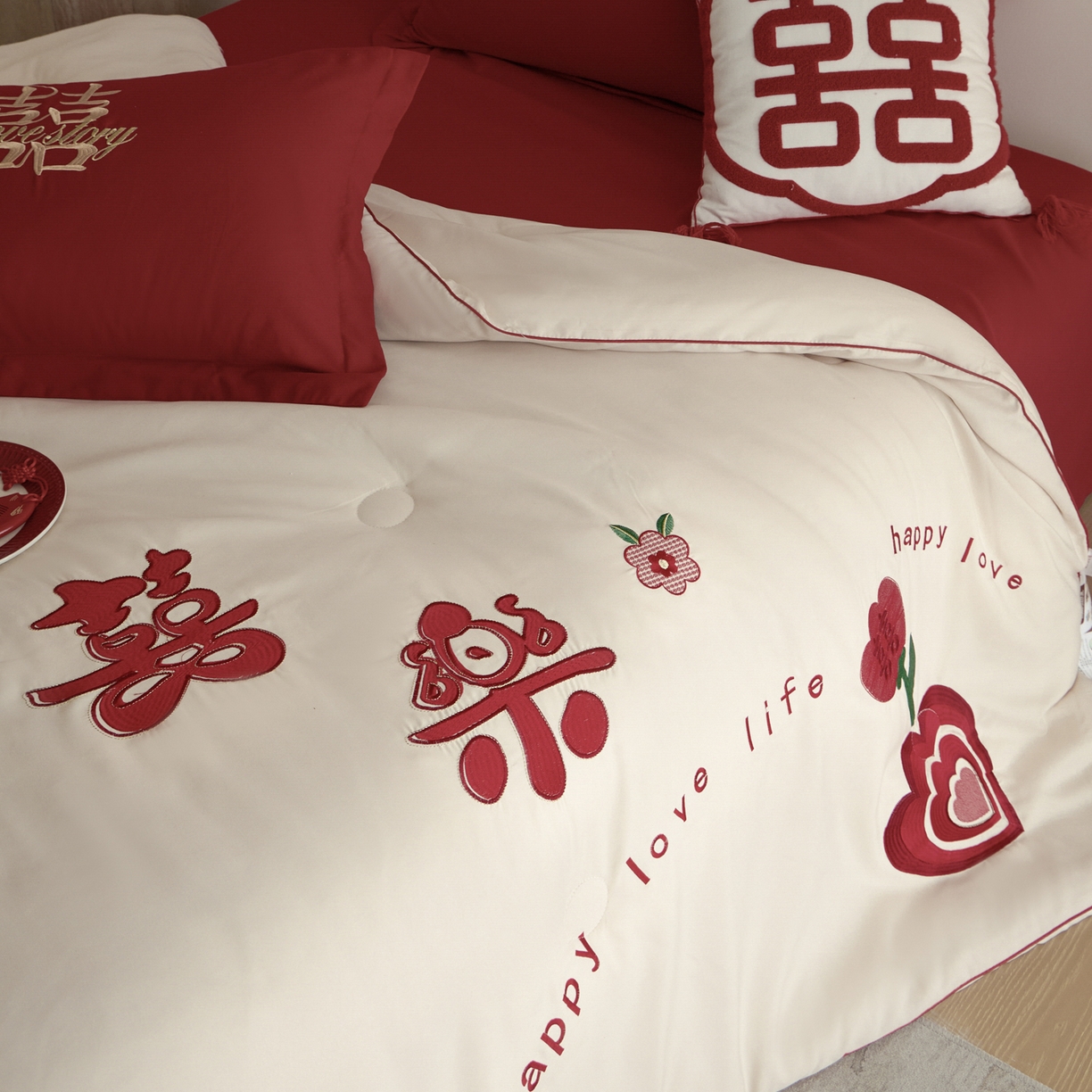 91家纺网 家纺一手货源 找家纺 玉雅家纺 2025新款时尚大豆纤维结婚被婚庆被子被芯 婚庆被-喜乐