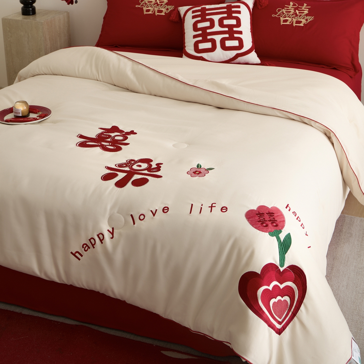 91家纺网 家纺一手货源 找家纺 玉雅家纺 2025新款时尚大豆纤维结婚被婚庆被子被芯 婚庆被-喜乐