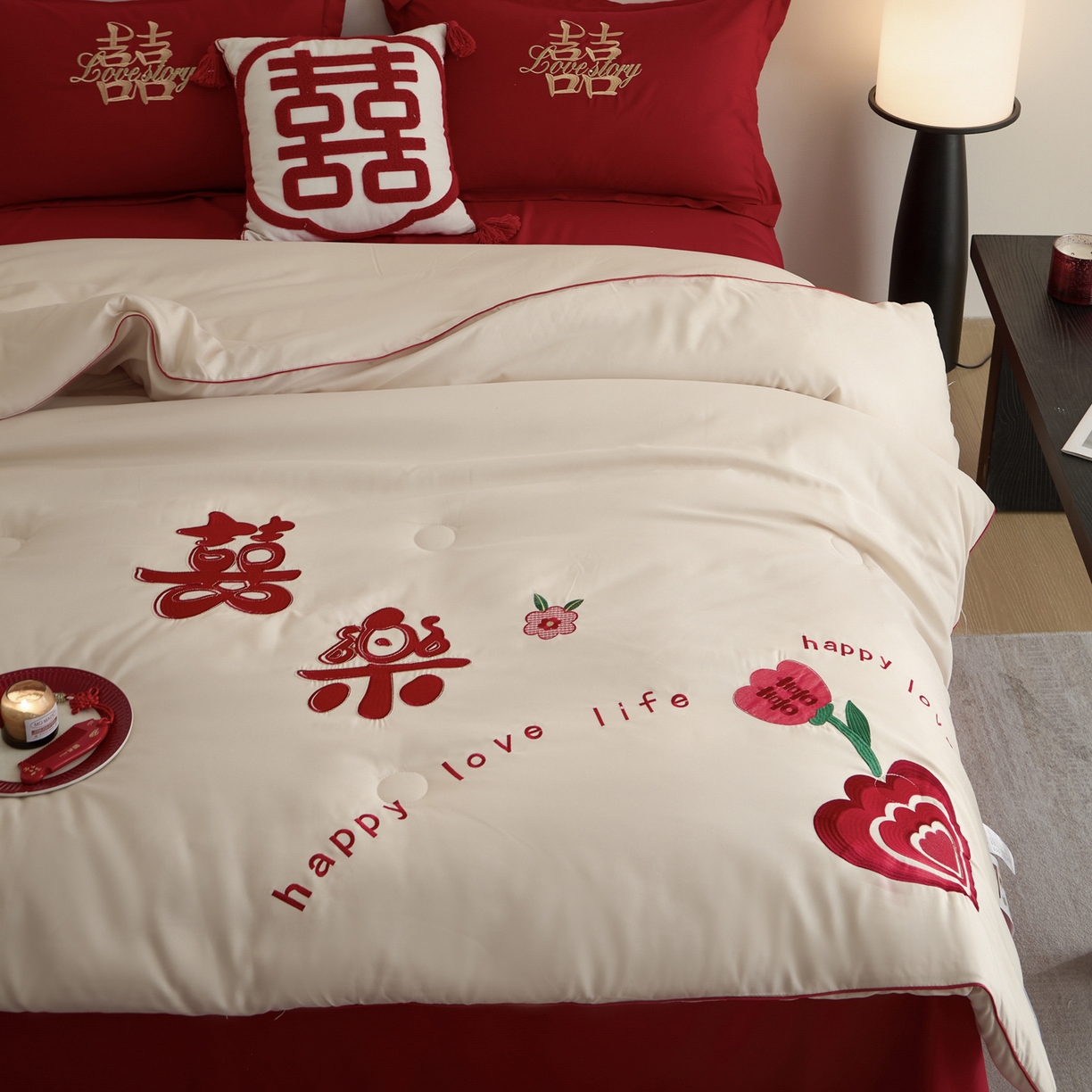 91家纺网 家纺一手货源 找家纺 玉雅家纺 2025新款时尚大豆纤维结婚被婚庆被子被芯 婚庆被-喜乐