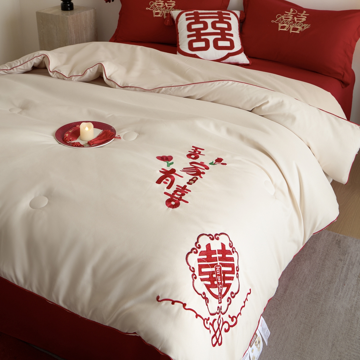 91家纺网 家纺一手货源 找家纺 玉雅家纺 2025新款时尚大豆纤维结婚被婚庆被子被芯 婚庆被-迎喜