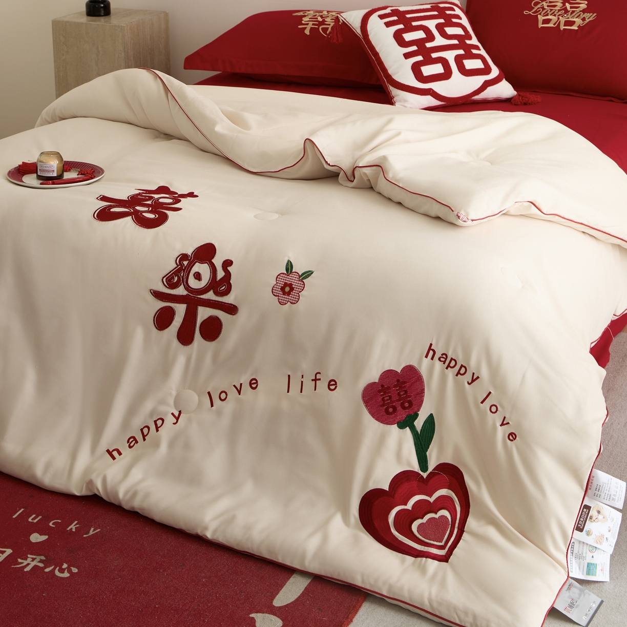 91家纺网 家纺一手货源 找家纺 玉雅家纺 2025新款时尚大豆纤维结婚被婚庆被子被芯 婚庆被-喜乐