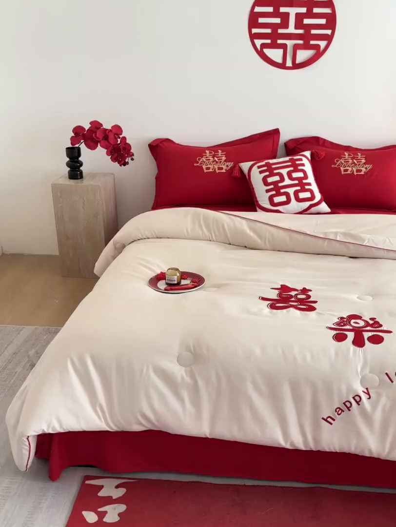 91家纺网 家纺一手货源 找家纺 玉雅家纺 2025新款时尚大豆纤维结婚被婚庆被子被芯 婚庆被-喜乐