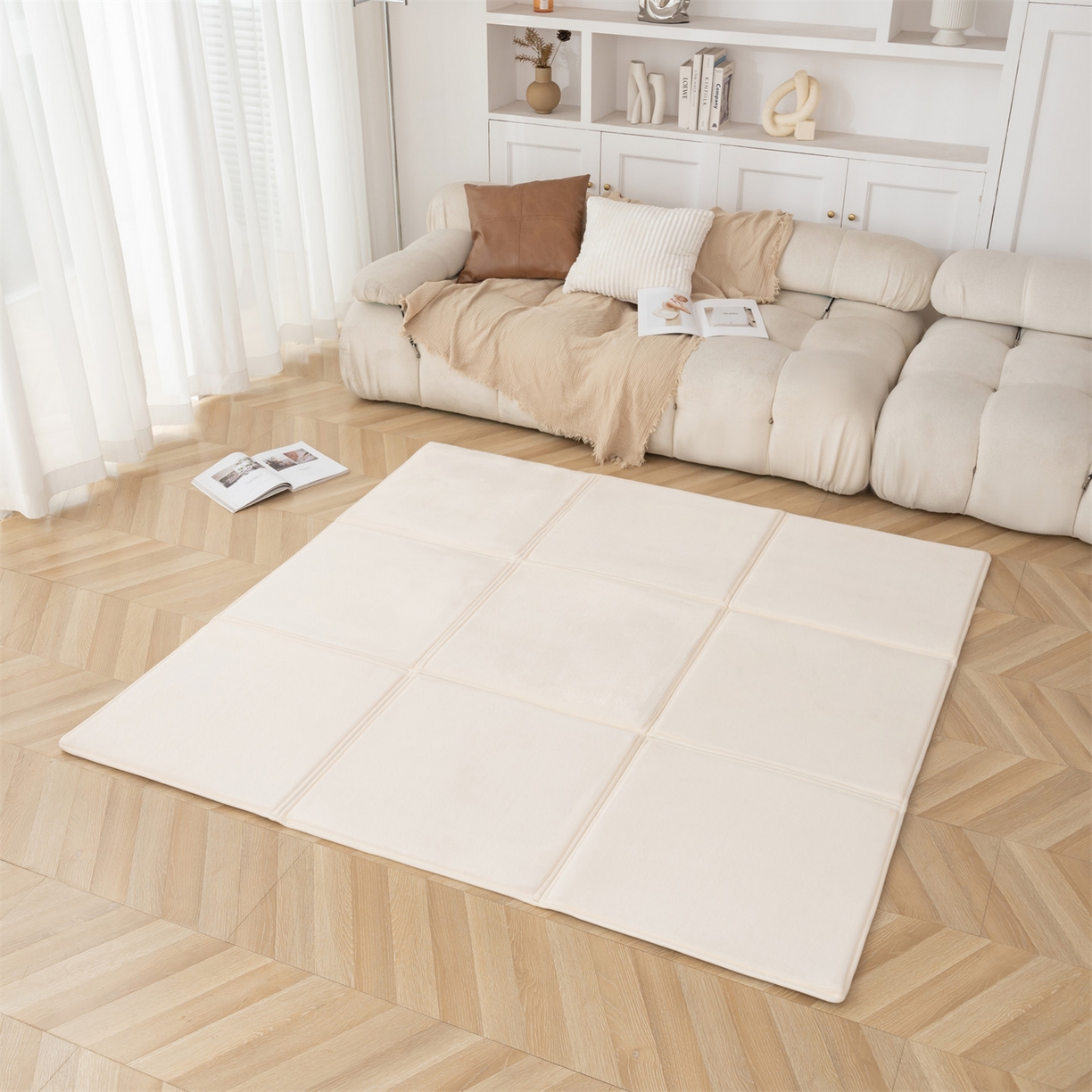 91家纺网 家纺一手货源 找家纺 新太阳蚊帐 2025新款云棉绒可折叠纯色地垫 米白色