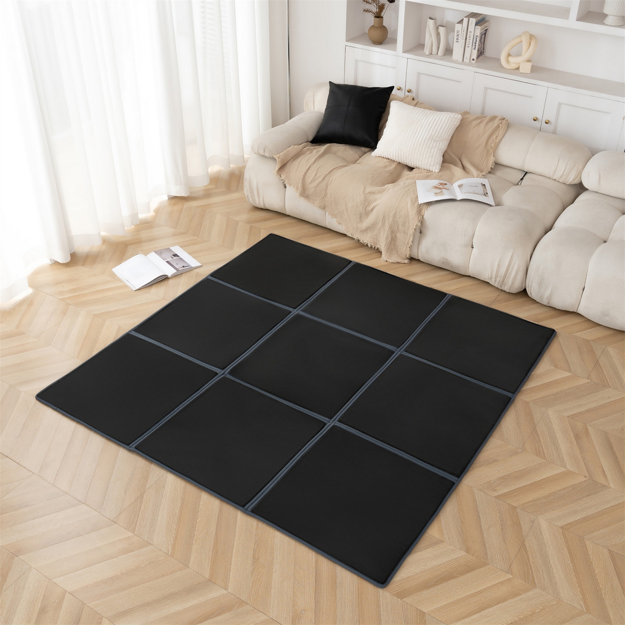 91家纺网 家纺一手货源 找家纺 新太阳蚊帐 2025新款云棉绒可折叠纯色地垫 墨黑色