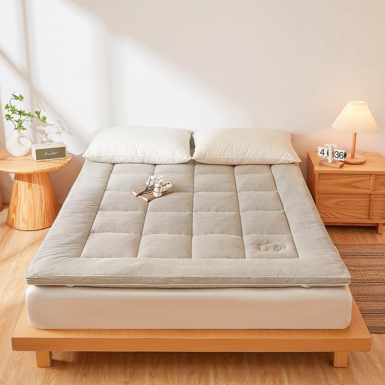 91家纺网 家纺一手货源 找家纺 魅图家纺 2025新款水洗棉新疆棉花床垫床褥-小格系列 小格-卡其