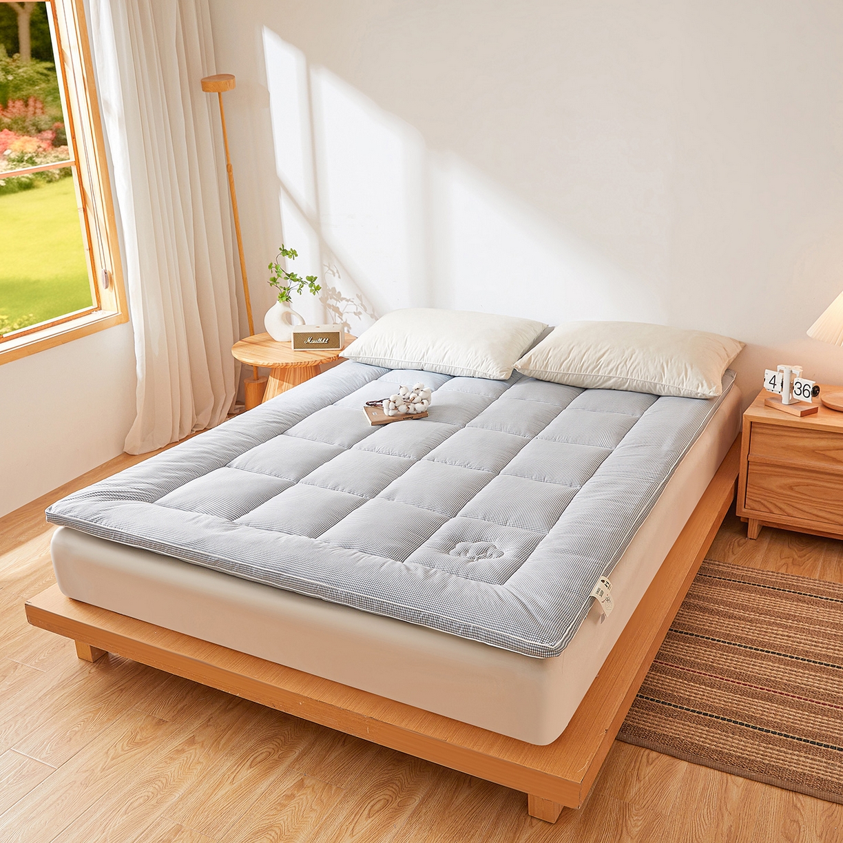 91家纺网 家纺一手货源 找家纺 魅图家纺 2025新款水洗棉新疆棉花床垫床褥-小格系列 小格-蓝