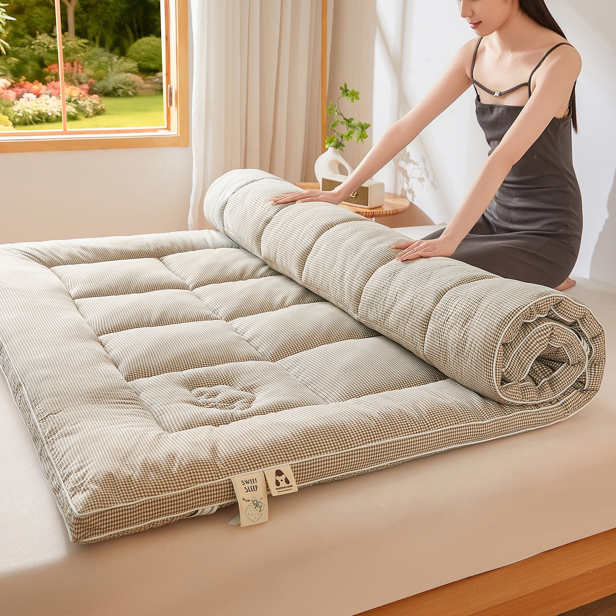 91家纺网 家纺一手货源 找家纺 魅图家纺 2025新款水洗棉新疆棉花床垫床褥-小格系列 小格-卡其