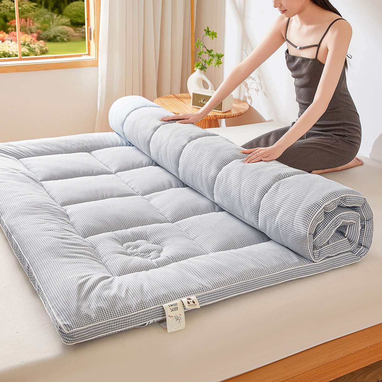 91家纺网 家纺一手货源 找家纺 魅图家纺 2025新款水洗棉新疆棉花床垫床褥-小格系列 小格-蓝