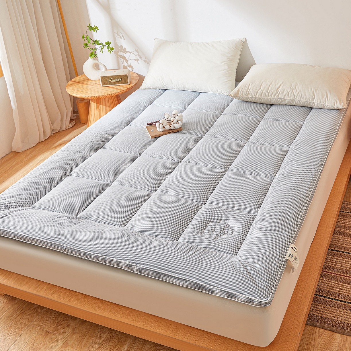 91家纺网 家纺一手货源 找家纺 魅图家纺 2025新款水洗棉新疆棉花床垫床褥-小格系列 小格-蓝