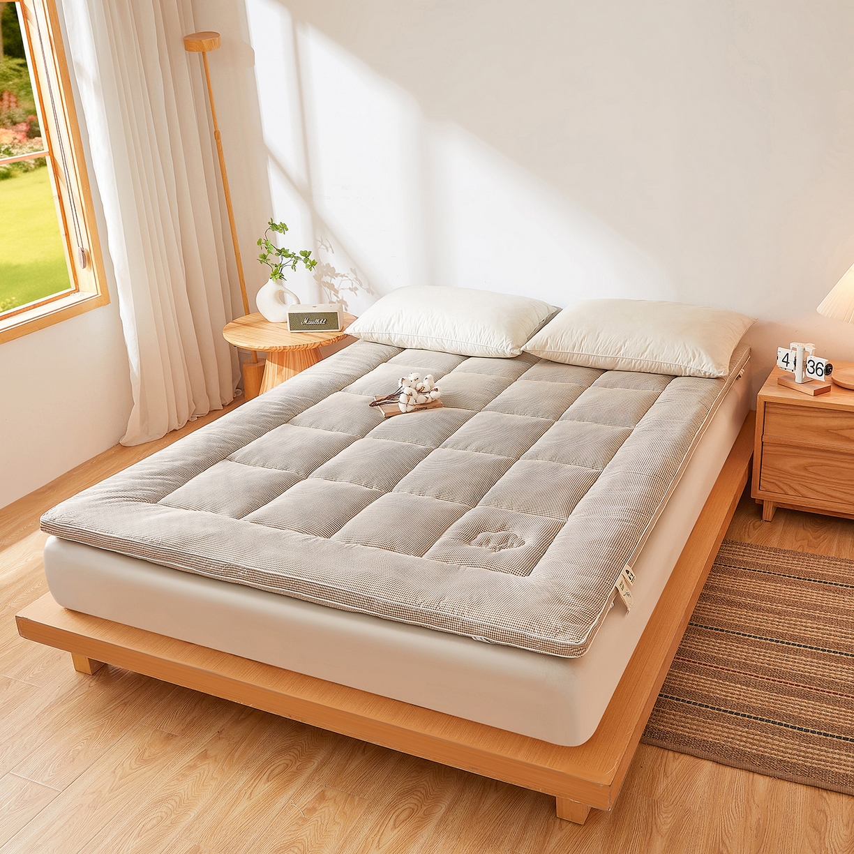 91家纺网 家纺一手货源 找家纺 魅图家纺 2025新款水洗棉新疆棉花床垫床褥-小格系列 小格-卡其