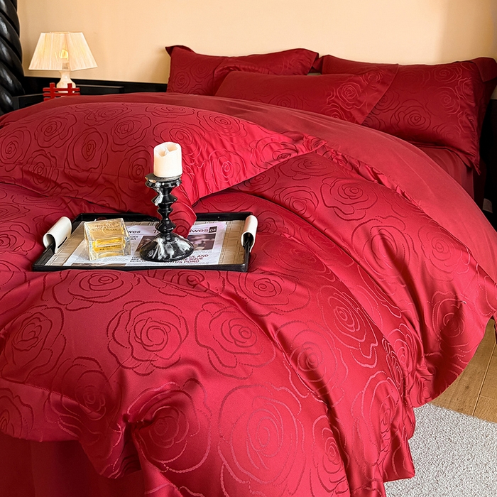 91家纺网 家纺一手货源 找家纺 置顶家纺 2025新款亲肤提花玫瑰婚庆四件套 玫瑰予你-安可拉红