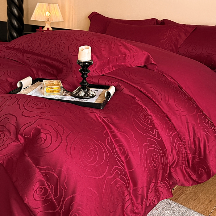 91家纺网 家纺一手货源 找家纺 置顶家纺 2025新款亲肤提花玫瑰婚庆四件套 玫瑰予你-酒红