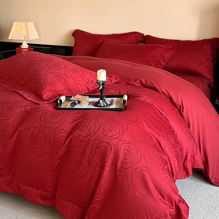 91家纺网 家纺一手货源 找家纺 置顶家纺 2025新款亲肤提花玫瑰婚庆四件套 玫瑰予你-安可拉红