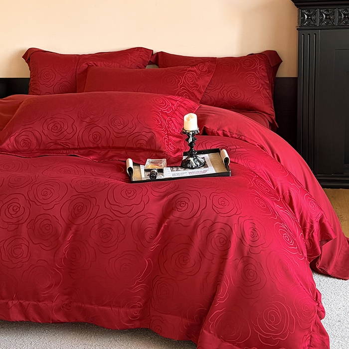 91家纺网 家纺一手货源 找家纺 置顶家纺 2025新款亲肤提花玫瑰婚庆四件套 玫瑰予你-安可拉红