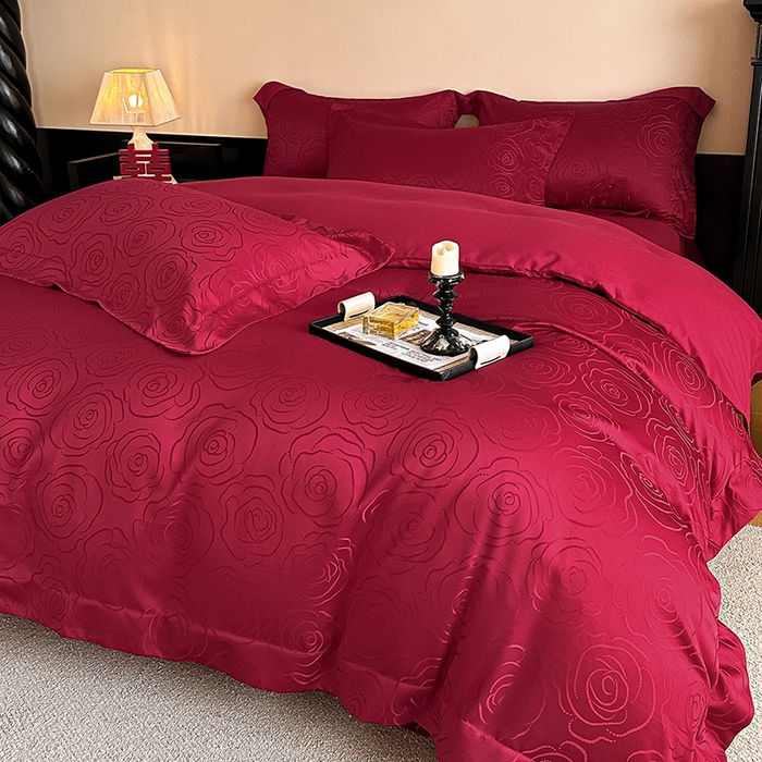 91家纺网 家纺一手货源 找家纺 置顶家纺 2025新款亲肤提花玫瑰婚庆四件套 玫瑰予你-酒红