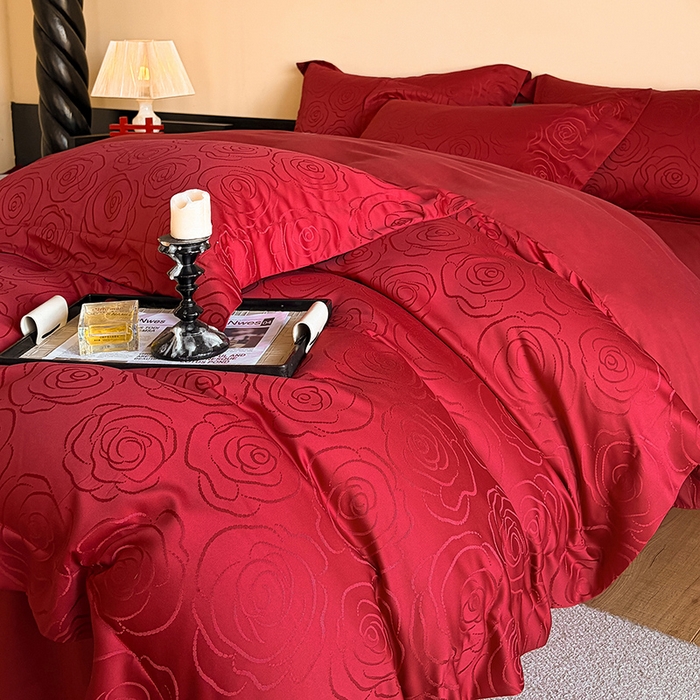 91家纺网 家纺一手货源 找家纺 置顶家纺 2025新款亲肤提花玫瑰婚庆四件套 玫瑰予你-安可拉红