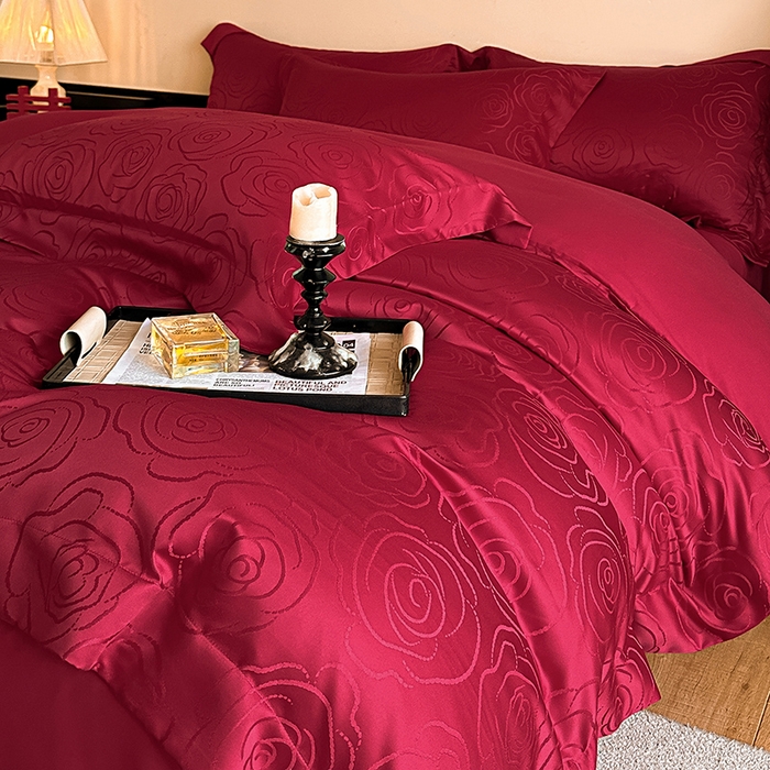 91家纺网 家纺一手货源 找家纺 置顶家纺 2025新款亲肤提花玫瑰婚庆四件套 玫瑰予你-酒红