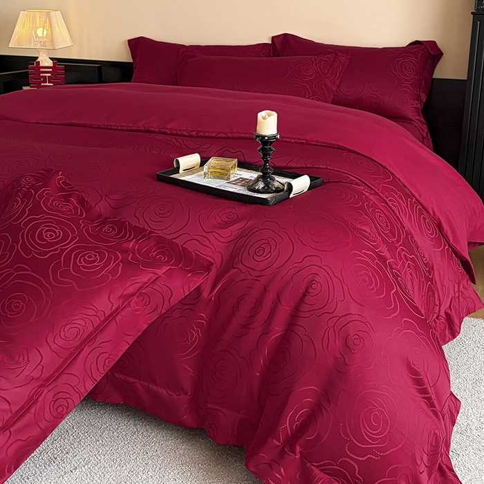 91家纺网 家纺一手货源 找家纺 置顶家纺 2025新款亲肤提花玫瑰婚庆四件套 玫瑰予你-大红