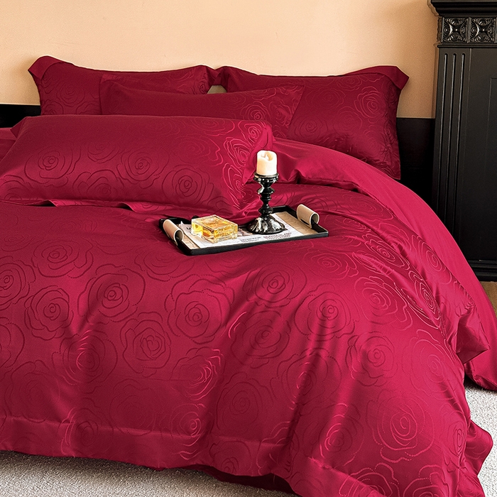 91家纺网 家纺一手货源 找家纺 置顶家纺 2025新款亲肤提花玫瑰婚庆四件套 玫瑰予你-酒红