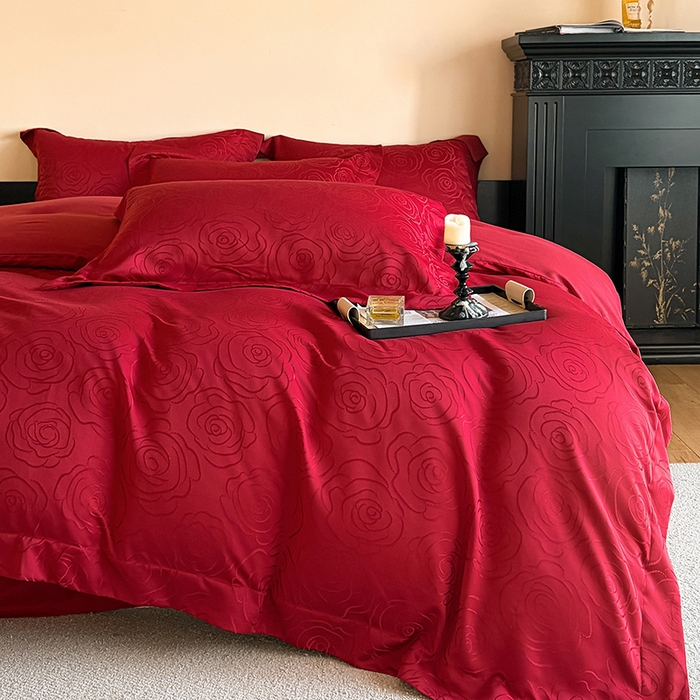 91家纺网 家纺一手货源 找家纺 置顶家纺 2025新款亲肤提花玫瑰婚庆四件套 玫瑰予你-安可拉红