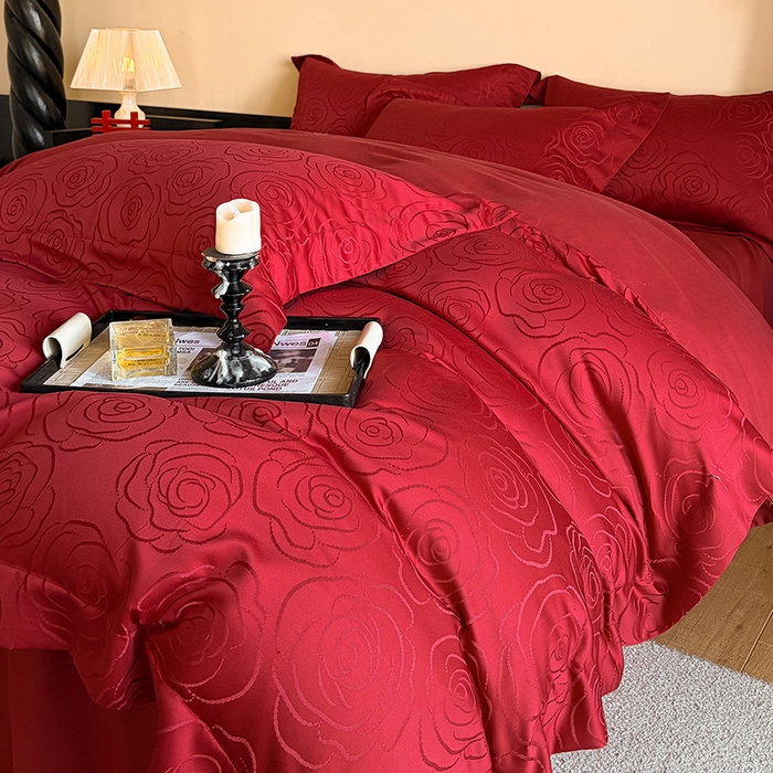 91家纺网 家纺一手货源 找家纺 置顶家纺 2025新款亲肤提花玫瑰婚庆四件套 玫瑰予你-安可拉红