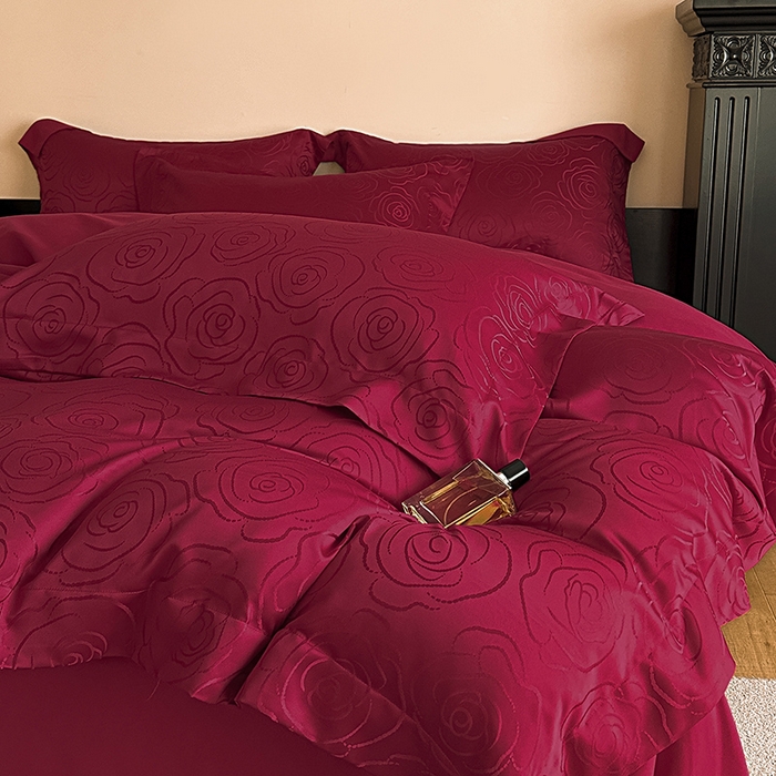 置顶家纺 2025新款亲肤提花玫瑰婚庆四件套 玫瑰予你-大红
