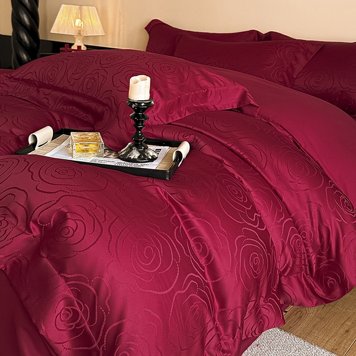 91家纺网 家纺一手货源 找家纺 置顶家纺 2025新款亲肤提花玫瑰婚庆四件套 玫瑰予你-大红