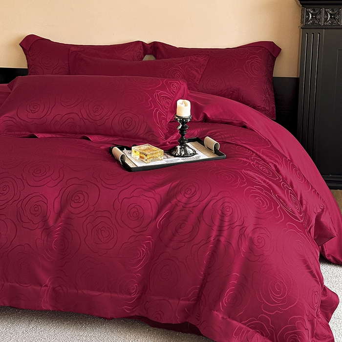 91家纺网 家纺一手货源 找家纺 置顶家纺 2025新款亲肤提花玫瑰婚庆四件套 玫瑰予你-大红