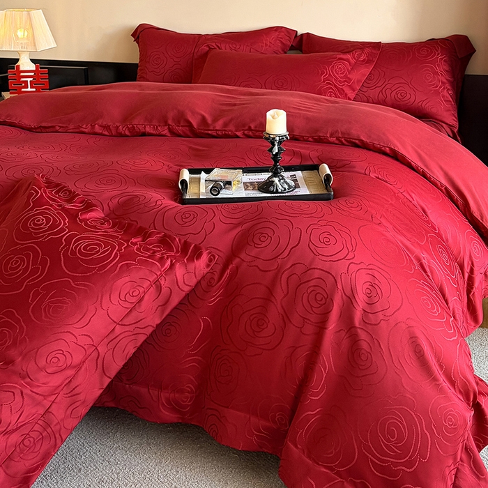 91家纺网 家纺一手货源 找家纺 置顶家纺 2025新款亲肤提花玫瑰婚庆四件套 玫瑰予你-安可拉红