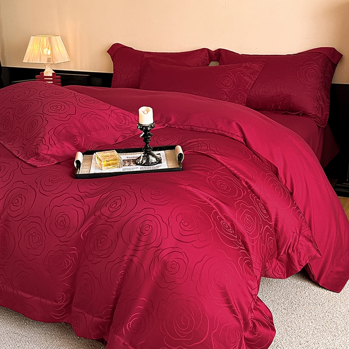 91家纺网 家纺一手货源 找家纺 置顶家纺 2025新款亲肤提花玫瑰婚庆四件套 玫瑰予你-酒红