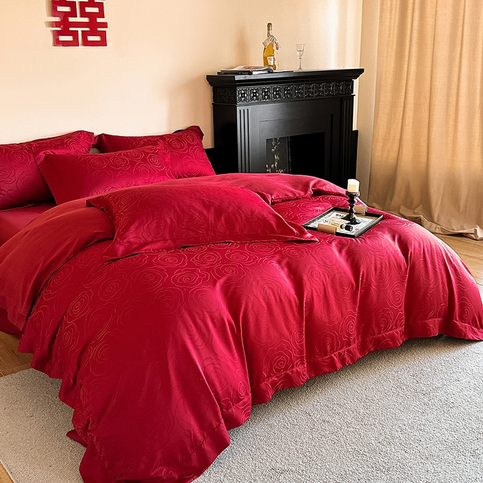 91家纺网 家纺一手货源 找家纺 置顶家纺 2025新款亲肤提花玫瑰婚庆四件套 玫瑰予你-安可拉红