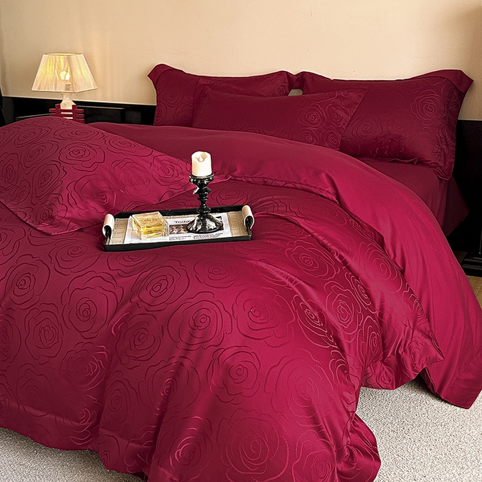 91家纺网 家纺一手货源 找家纺 置顶家纺 2025新款亲肤提花玫瑰婚庆四件套 玫瑰予你-大红