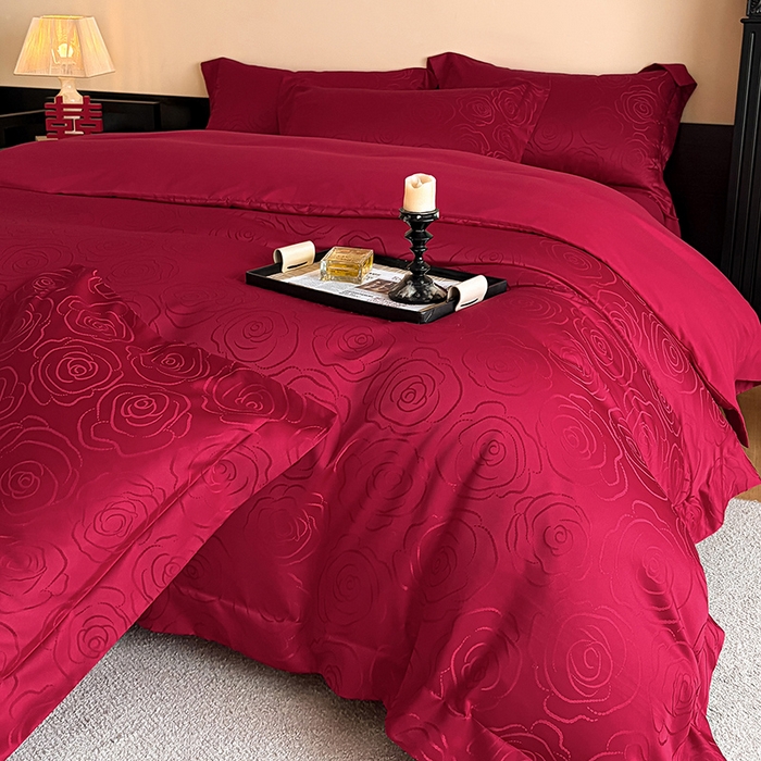 91家纺网 家纺一手货源 找家纺 置顶家纺 2025新款亲肤提花玫瑰婚庆四件套 玫瑰予你-酒红