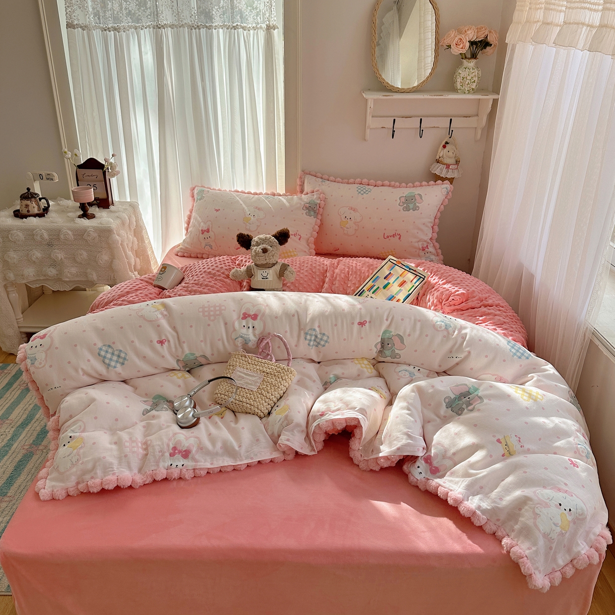 91家纺网 家纺一手货源 找家纺 （总）Sweet dreams甜梦 2025新款双层纱豆豆绒棉加绒四件套