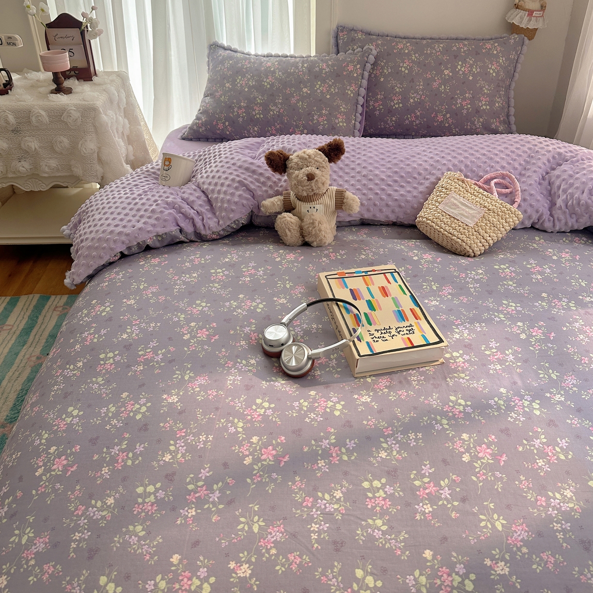 91家纺网 家纺一手货源 找家纺 Sweet dreams甜梦 2025新款双层纱豆豆绒棉加绒四件套 花梦时